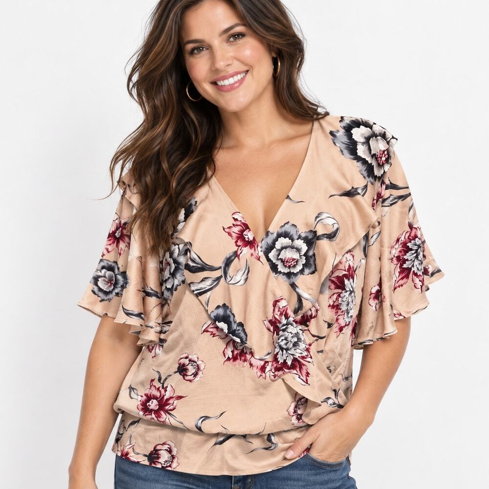 Rachel Rachel Roy NEW Pink Floral Wrap Top Womens Size 24W Flutter Sleeve Blouse